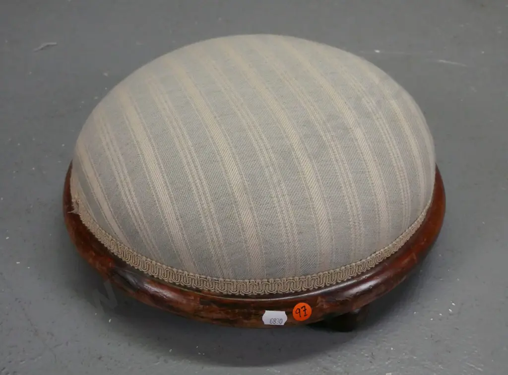 vintage beech circular foot-stool on 4 turned feet - some fading & wear to striped fabric H-140 D-350 Image 1++