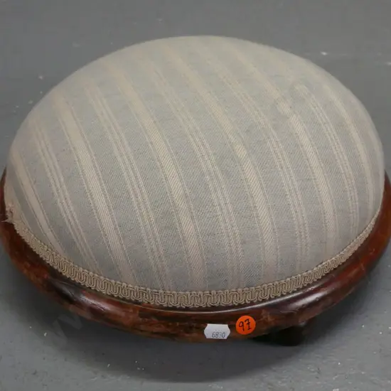vintage beech circular foot-stool on 4 turned feet - some fading & wear to striped fabric H-140 D-350