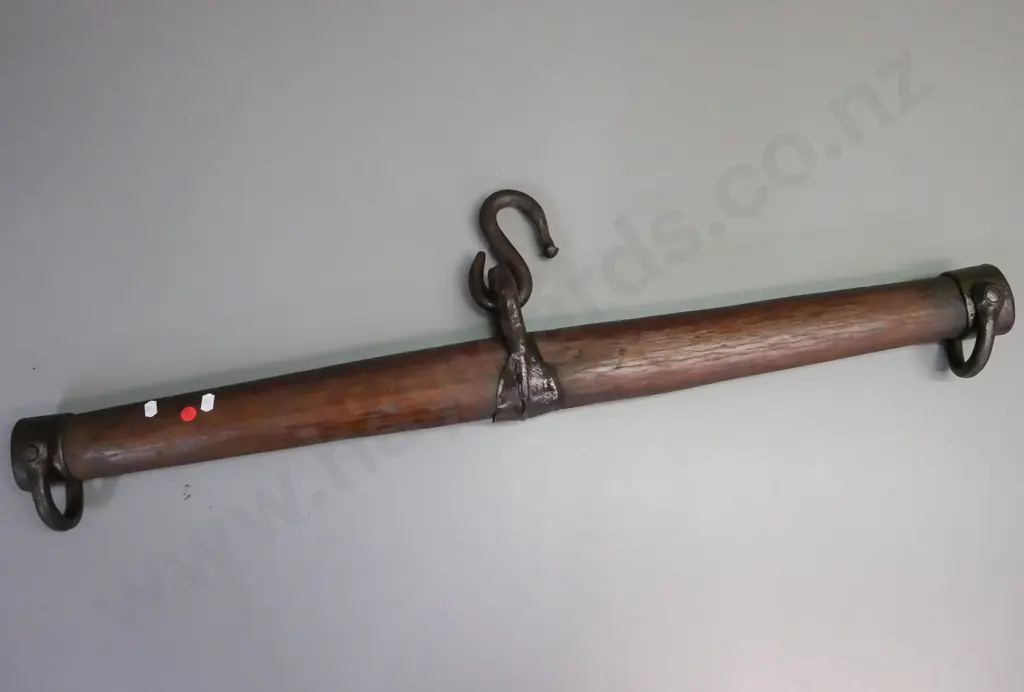 vintage swingle tree, hardwood, iron fittings, large S-hook in top loop, age wear and pitting to metalwork. L-970 Image 1++