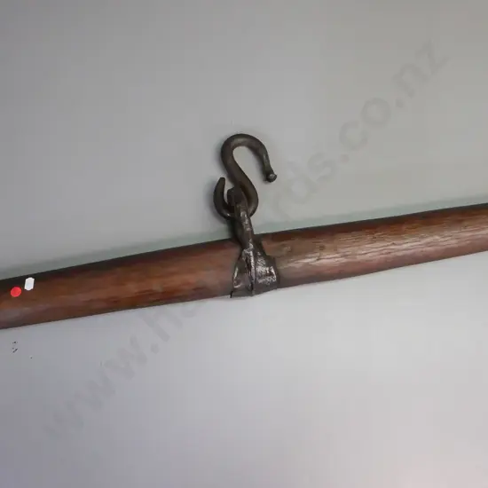 vintage swingle tree, hardwood, iron fittings, large S-hook in top loop, age wear and pitting to metalwork. L-970