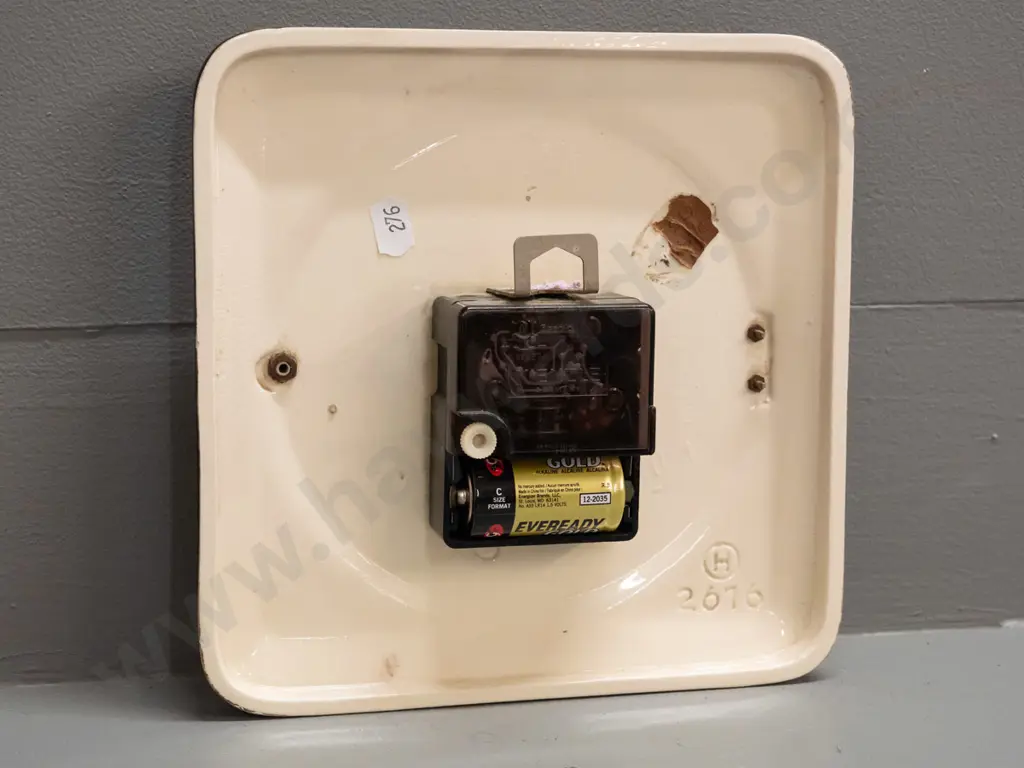 retro Mauthe Electric German porcelain-cased wall clock with C-battery movement - some damage to text on face. H-200 Image 1++