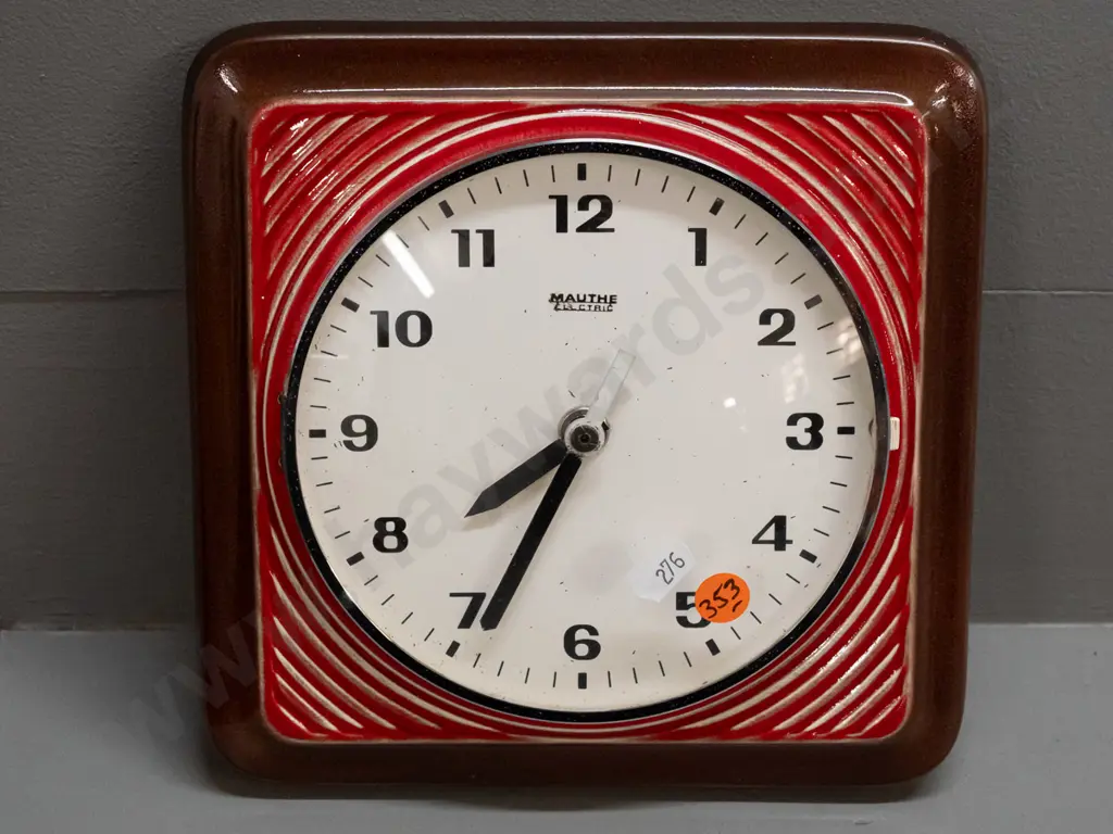 retro Mauthe Electric German porcelain-cased wall clock with C-battery movement - some damage to text on face. H-200 Image 1++