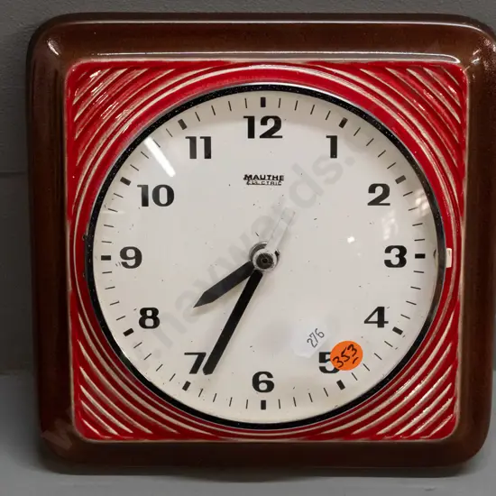 retro Mauthe Electric German porcelain-cased wall clock with C-battery movement - some damage to text on face. H-200