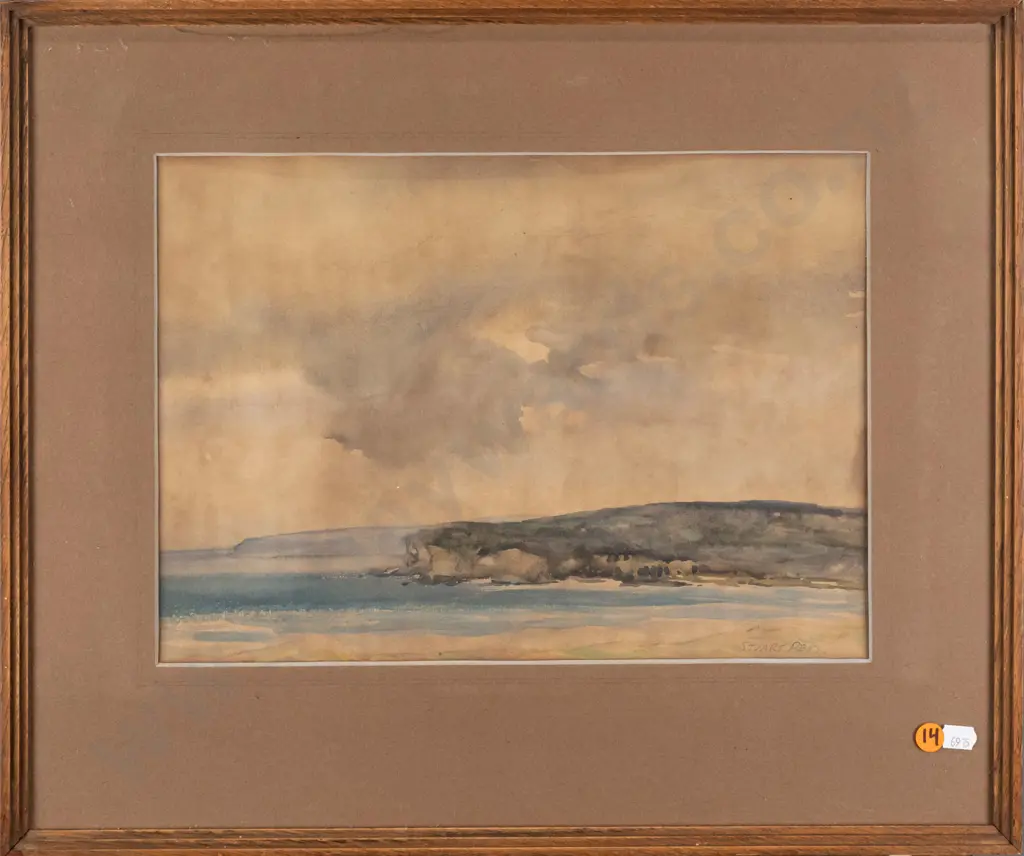 Stuart Reid -- framed watercolour on paper, Whareakeake(?) H-240 W-340 [fading, yellowing to paper, water stain to top Image 1++