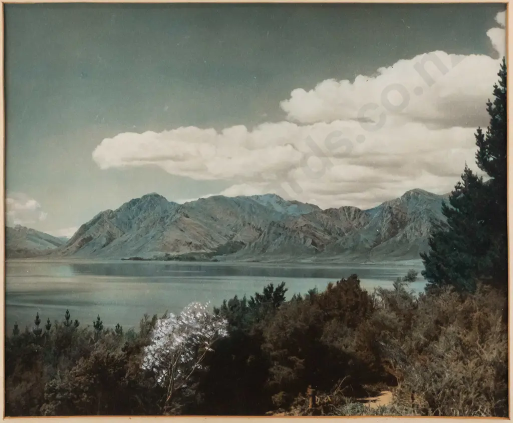 vintage hand coloured photograph - mountain lake scene - some light marks / scratching H-245 W-300 Image 1++