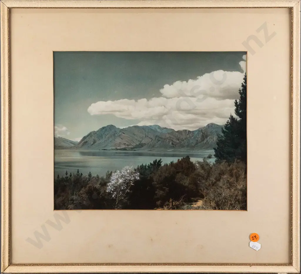 vintage hand coloured photograph - mountain lake scene - some light marks / scratching H-245 W-300 Image 1++