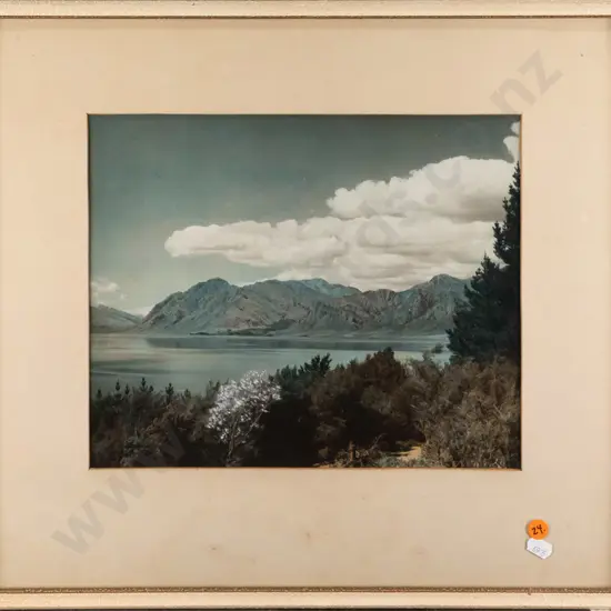 vintage hand coloured photograph - mountain lake scene - some light marks / scratching H-245 W-300