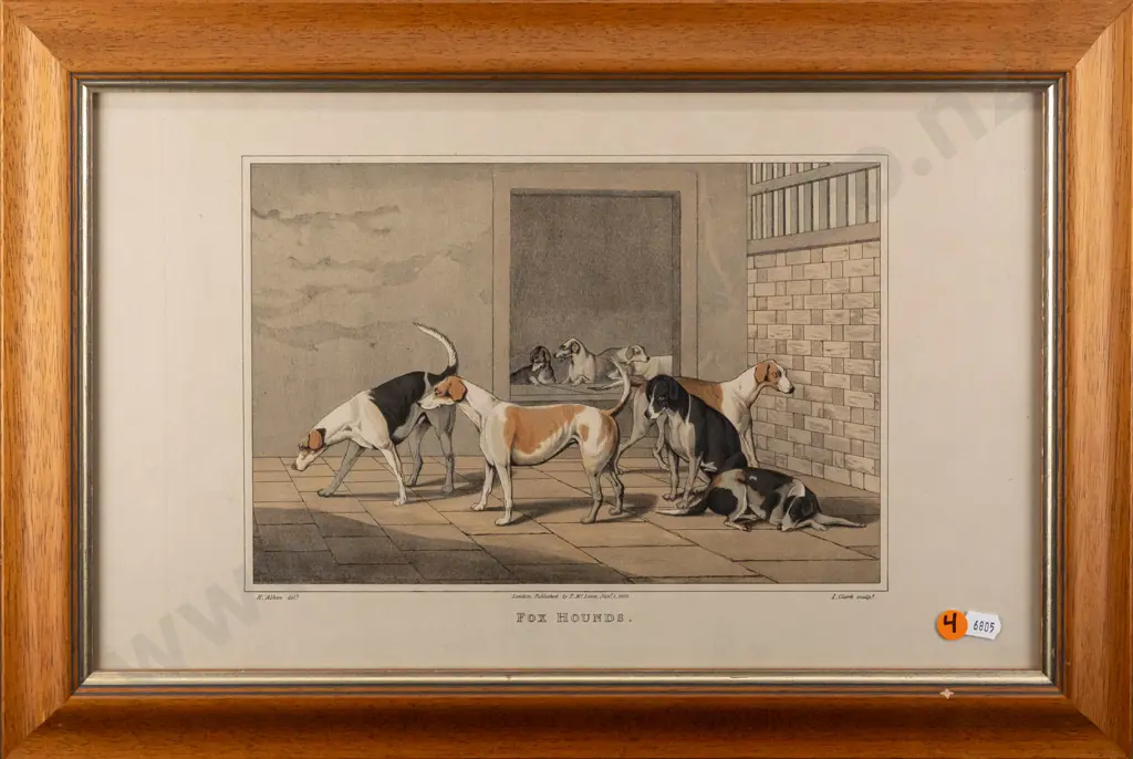 J Clark engraver after Henry Thomas Alken, framed etching & aquatint on paper "Fox Hounds" H-240 W-370 Image 1++