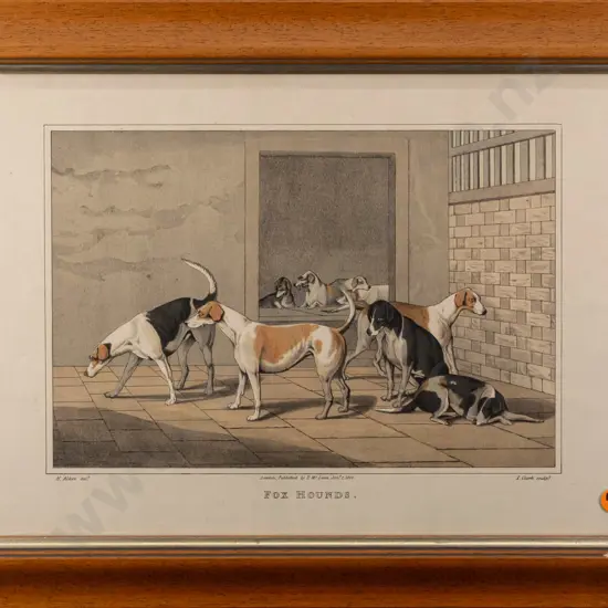 J Clark engraver after Henry Thomas Alken, framed etching & aquatint on paper "Fox Hounds" H-240 W-370
