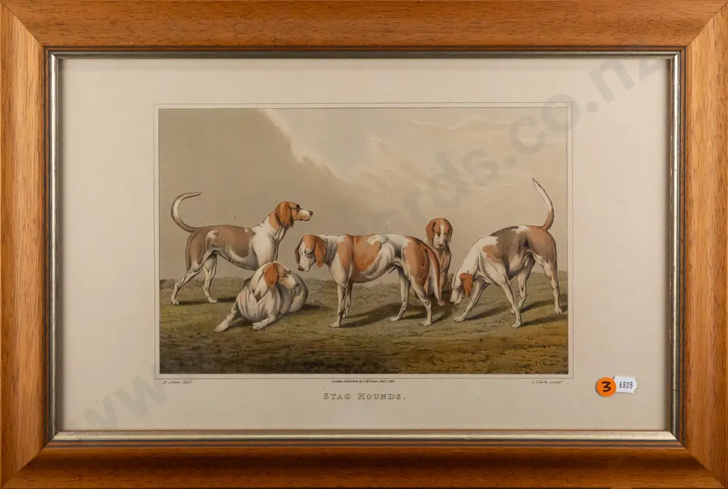 J Clark engraver after Henry Thomas Alken, framed etching & aquatint on paper "Stag Hounds" H-240 W-370 Image 1++