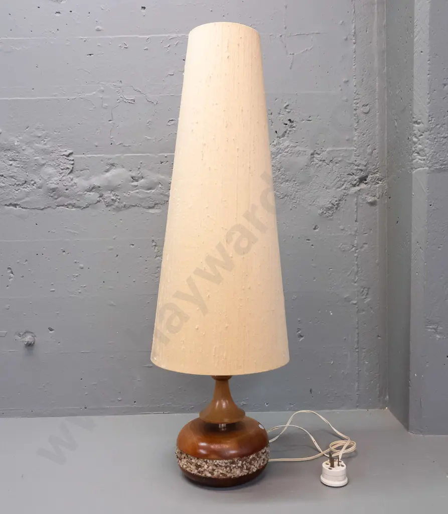 mid-century teak table lamp with turned circular base with inset band of chipped stone, metal column, tall conical shade Image 1++