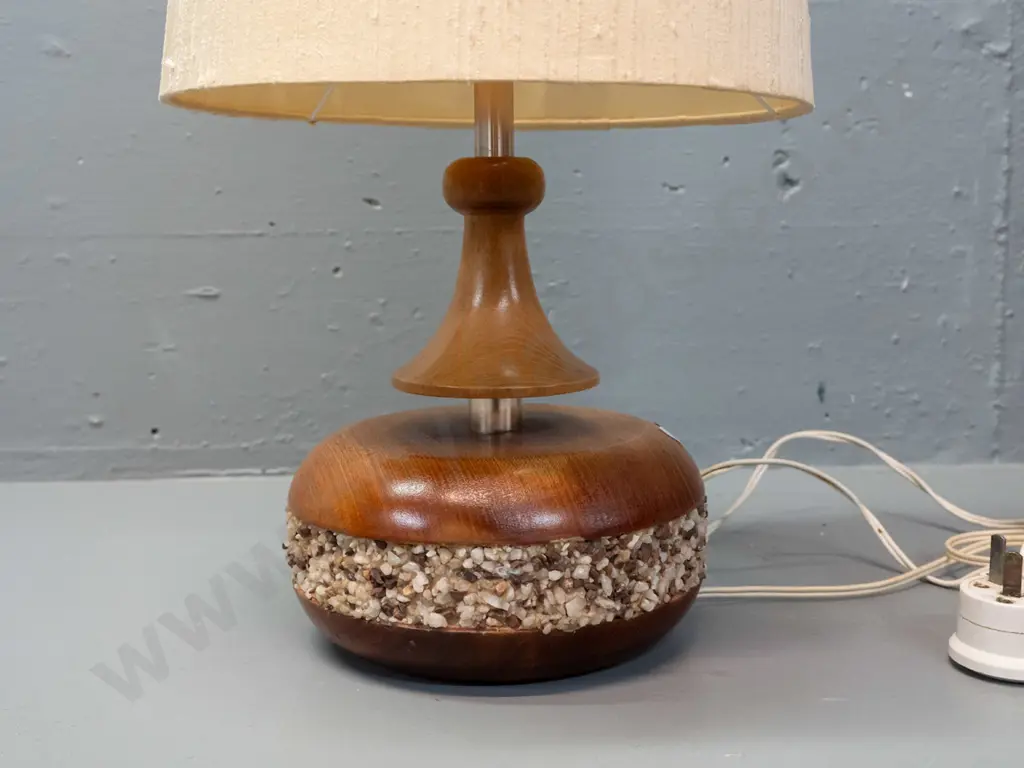 mid-century teak table lamp with turned circular base with inset band of chipped stone, metal column, tall conical shade Image 1++