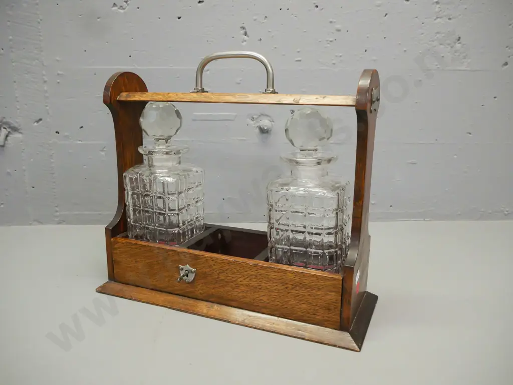 vintage oak decanter set, missing one decanter, square section decoration to decanters, chips to bottom of stoppers and Image 1++