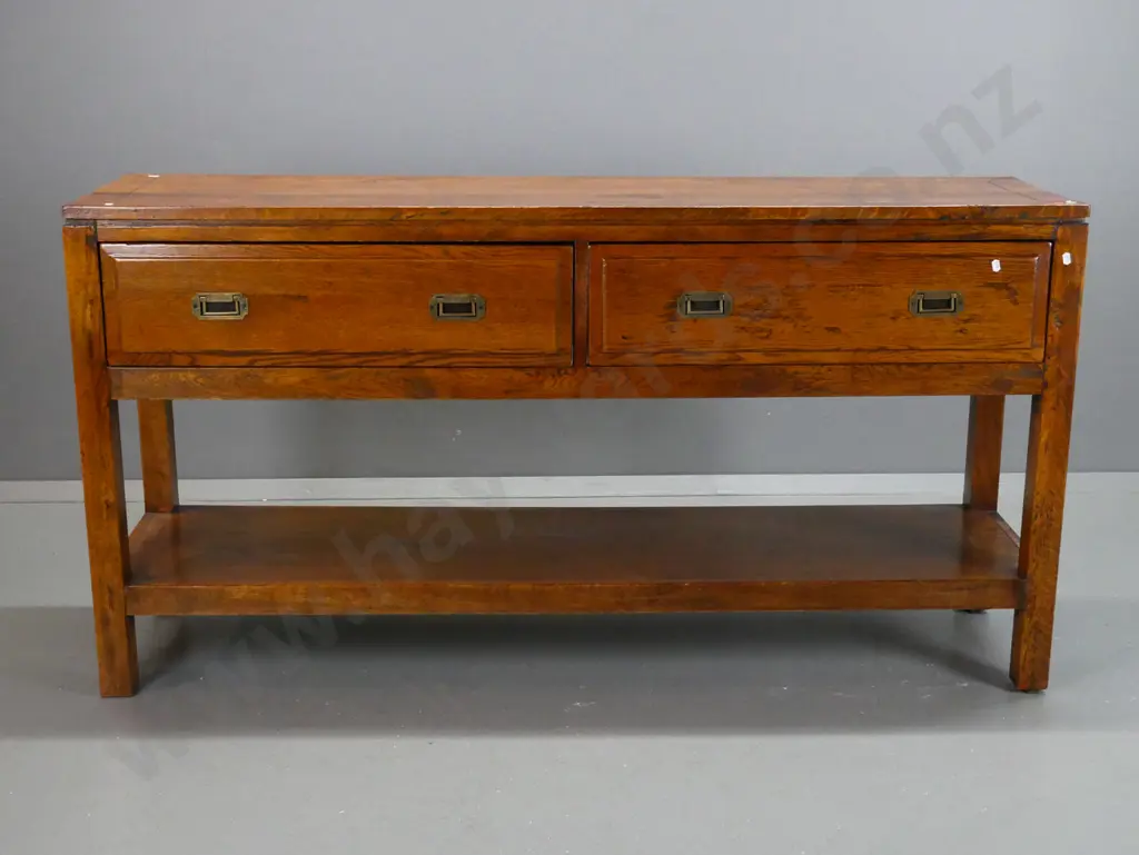 Chinese oak & elm 2-drawer dresser with bottom shelf, brass inset handles, w/panelled sides, on square legs - antiqued Image 1++