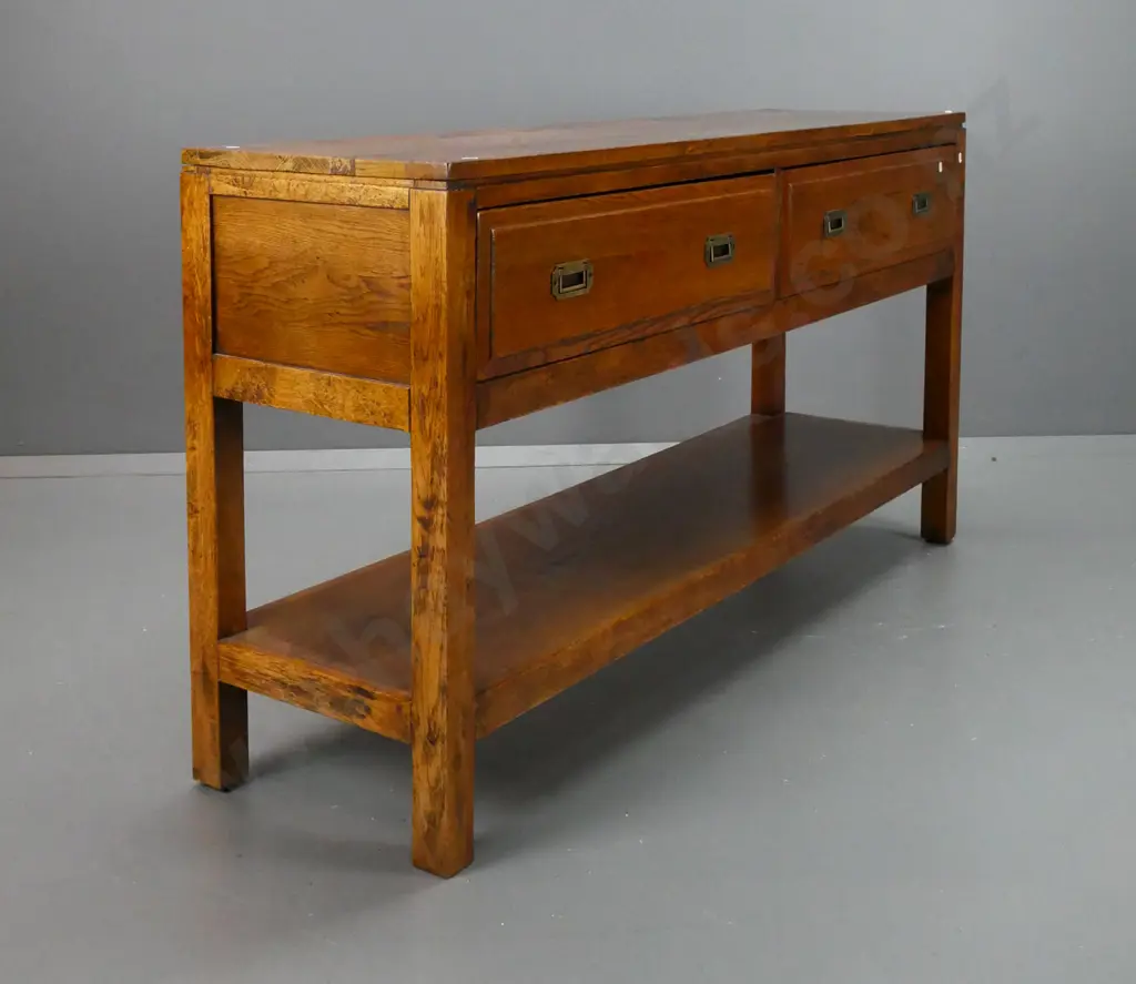 Chinese oak & elm 2-drawer dresser with bottom shelf, brass inset handles, w/panelled sides, on square legs - antiqued Image 1++