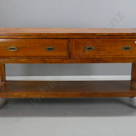 Chinese oak & elm 2-drawer dresser with bottom shelf, brass inset handles, w/panelled sides, on square legs - antiqued