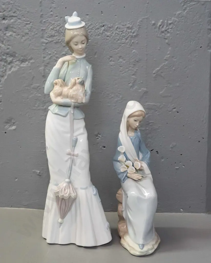 2 Lladro figures - standing woman with dog H-380 & seated woman with lilies Image 1++