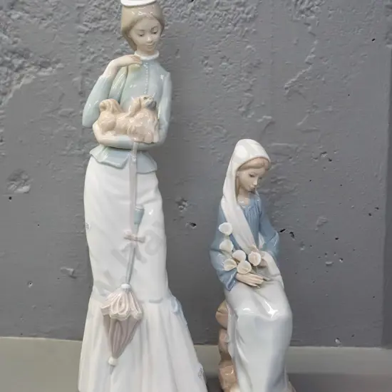2 Lladro figures - standing woman with dog H-380 & seated woman with lilies