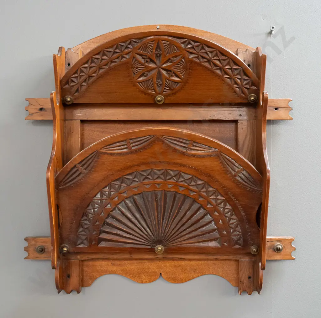 vintage timber wall-mount letter rack w/ chip-carved panels shaped side panels & brass fittings [some staining & Image 1++