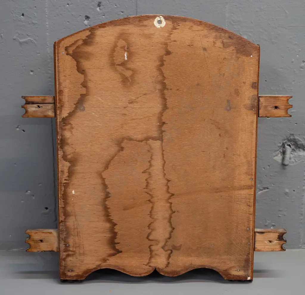 vintage timber wall-mount letter rack w/ chip-carved panels shaped side panels & brass fittings [some staining & Image 1++