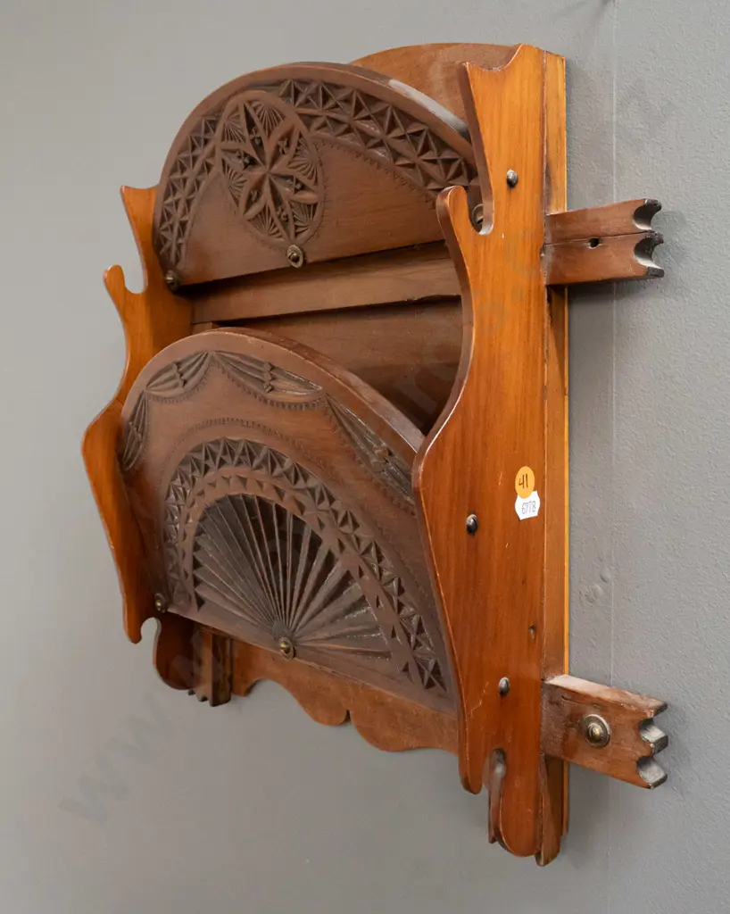 vintage timber wall-mount letter rack w/ chip-carved panels shaped side panels & brass fittings [some staining & Image 1++