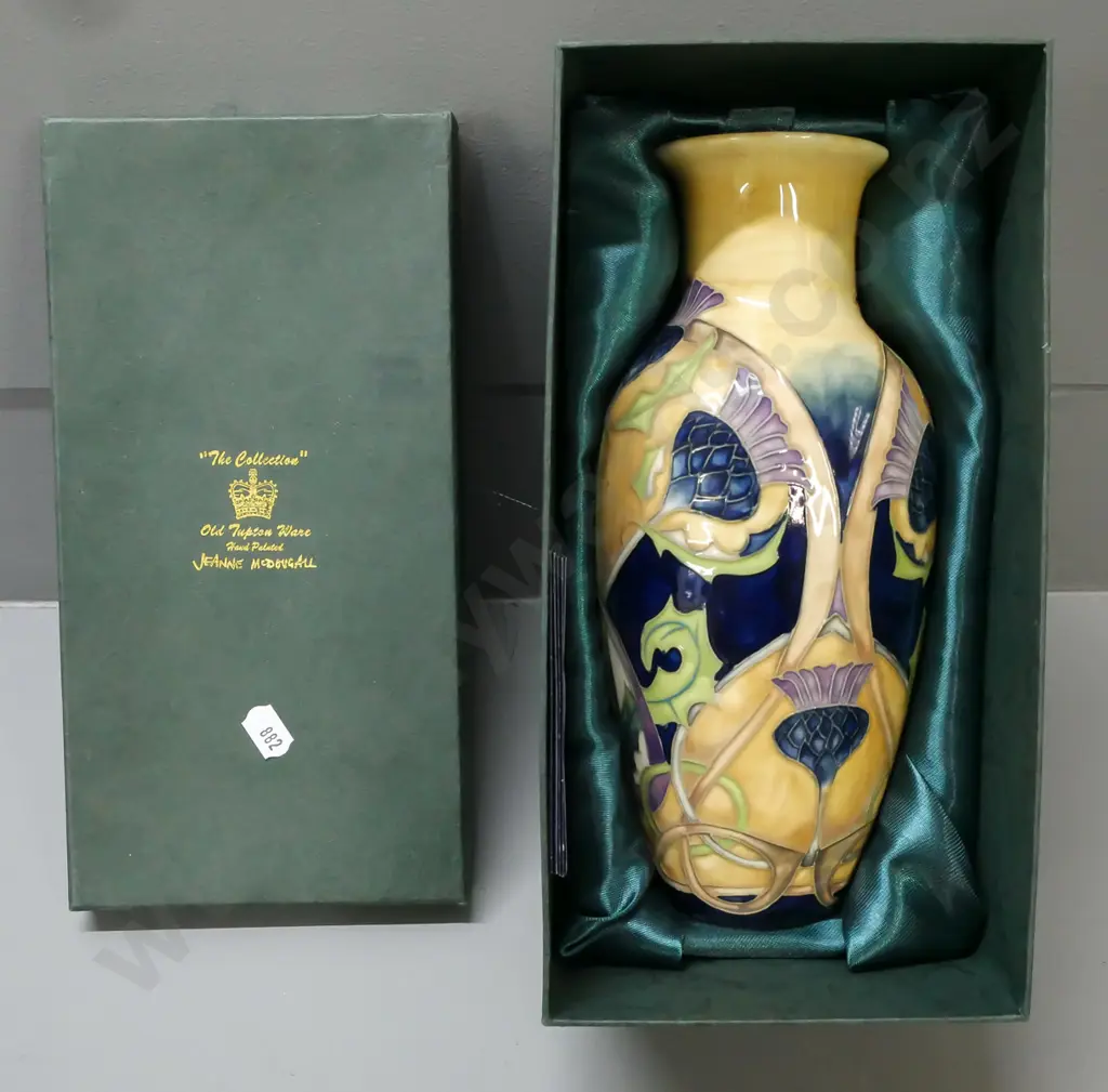 Old Tupton ware tube-lined vase in lined box depicting scotch thistle, w/ catalogue. Jeanne McDougall designer Image 1++