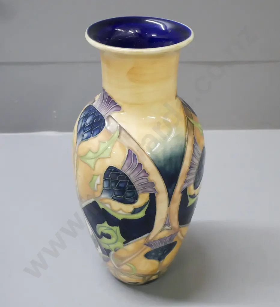 Old Tupton ware tube-lined vase in lined box depicting scotch thistle, w/ catalogue. Jeanne McDougall designer Image 1++