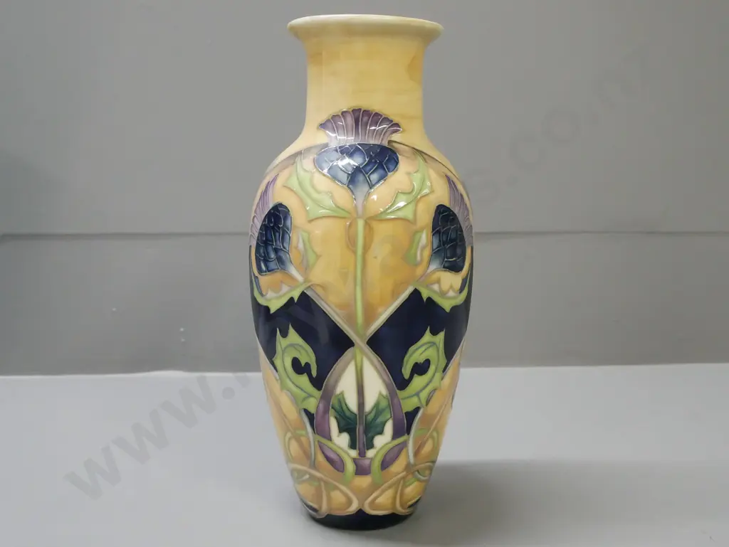 Old Tupton ware tube-lined vase in lined box depicting scotch thistle, w/ catalogue. Jeanne McDougall designer Image 1++