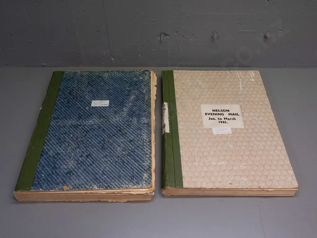 2 large volumes of bound Nelson Evening Mail newspapers - July to Sept 1938 and Jan to March 1941 - general age wear and Image 1++