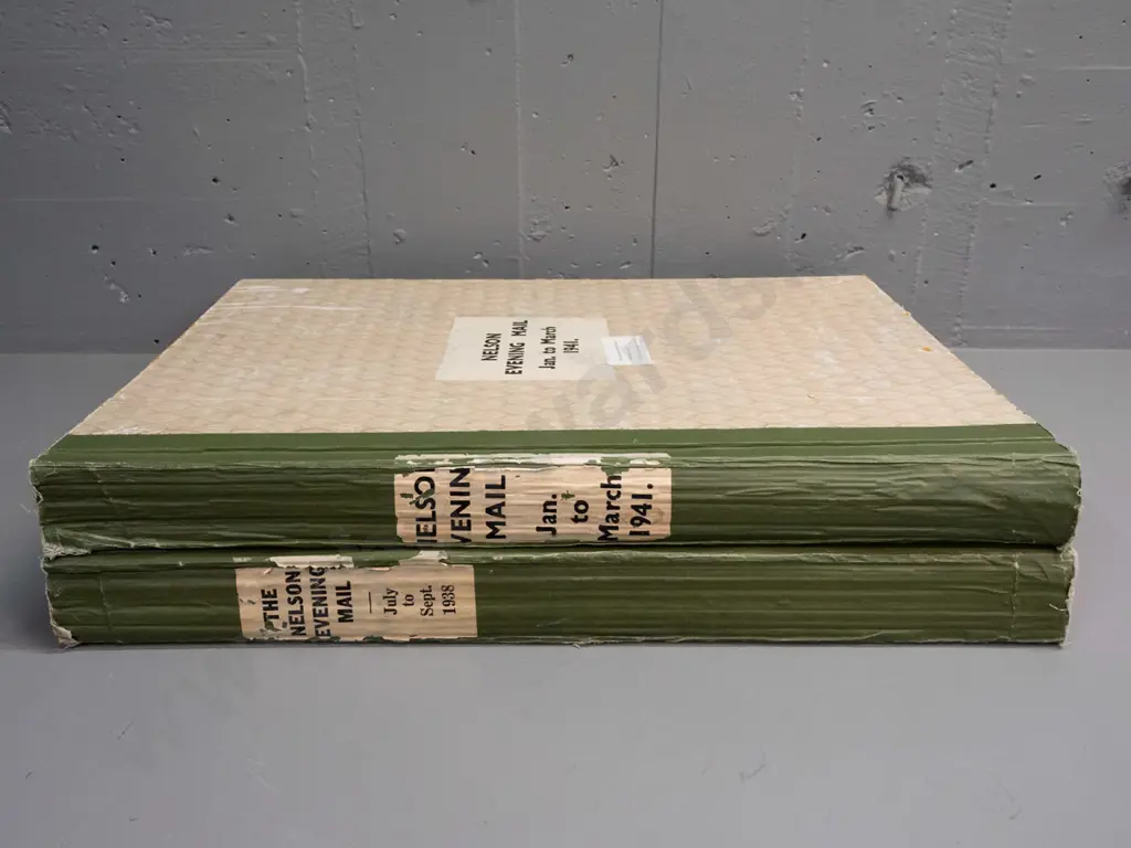2 large volumes of bound Nelson Evening Mail newspapers - July to Sept 1938 and Jan to March 1941 - general age wear and Image 1++
