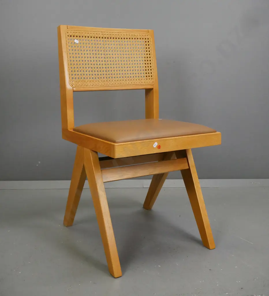 reproduction oak retro-style occasional / side chair with cane back, vinyl seat, A-frame stretcher base. H-830 W-440 Image 1++
