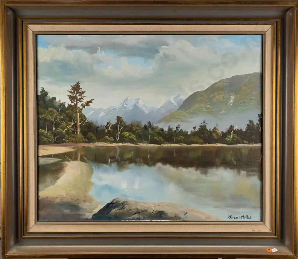 R Grant Moffat -- framed oil on canvasboard, mountain and lake scene H-495 W-595 [light age wear to frame] Image 1++
