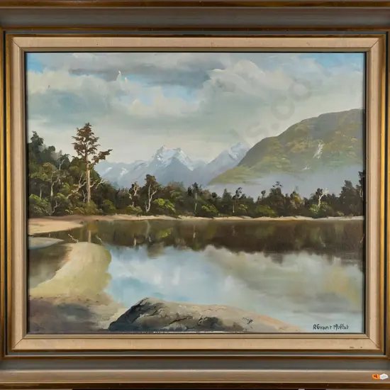 R Grant Moffat -- framed oil on canvasboard, mountain and lake scene H-495 W-595 [light age wear to frame]