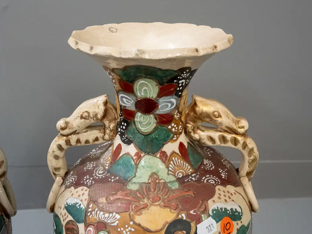 vintage pair of Satsuma earthenware vases with raised enamel decoration, Japanese scenic panels. Some chipping to bases, Image 1++