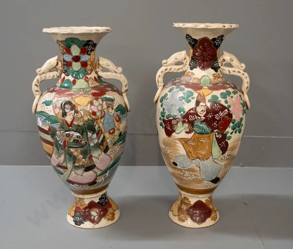 vintage pair of Satsuma earthenware vases with raised enamel decoration, Japanese scenic panels. Some chipping to bases, Image 1++
