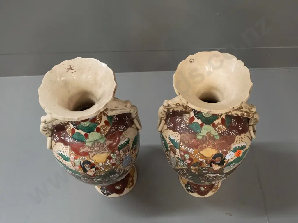 vintage pair of Satsuma earthenware vases with raised enamel decoration, Japanese scenic panels. Some chipping to bases, Image 1++