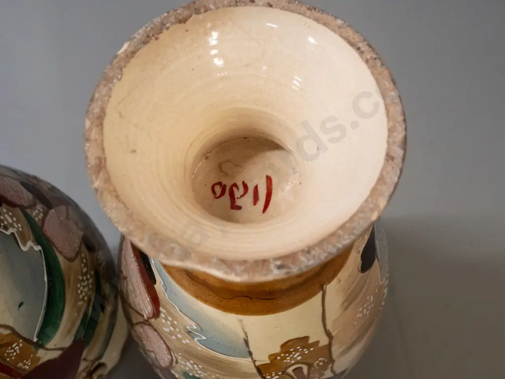 vintage pair of Satsuma earthenware vases with raised enamel decoration, Japanese scenic panels. Some chipping to bases, Image 1++