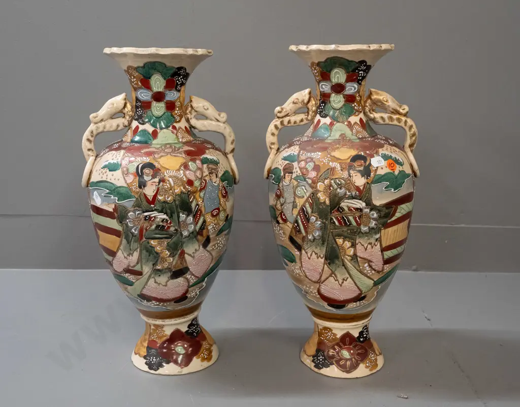 vintage pair of Satsuma earthenware vases with raised enamel decoration, Japanese scenic panels. Some chipping to bases, Image 1++