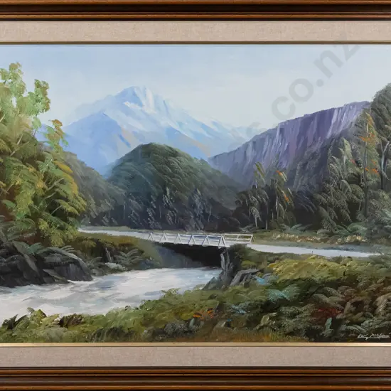 Don Parlane 1991 -- framed oil on canvasboard "Haast Highway"  H-520 W-750
