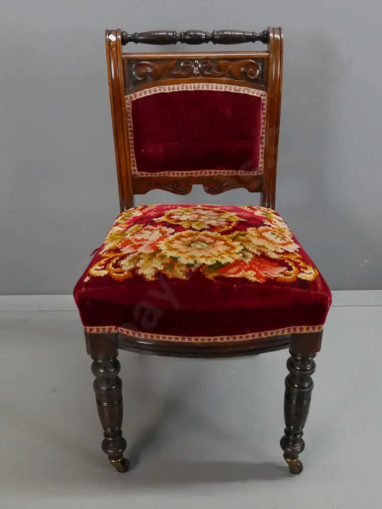 6 beech & rimu late Victorian Cromwellian style dining chairs in restorer's condition. On porcelain casters, with turned Image 1++