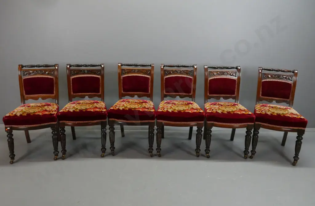 6 beech & rimu late Victorian Cromwellian style dining chairs in restorer's condition. On porcelain casters, with turned Image 1++