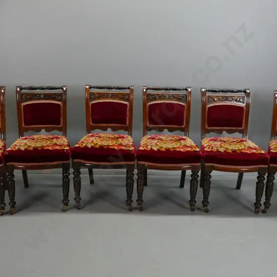 6 beech & rimu late Victorian Cromwellian style dining chairs in restorer's condition. On porcelain casters, with turned