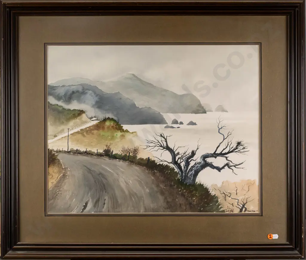 Frank Reed 1981 -- framed watercolour on paper, coastal road H-430 W-540 [dints & wear to frame] Image 1++