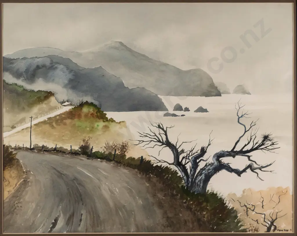 Frank Reed 1981 -- framed watercolour on paper, coastal road H-430 W-540 [dints & wear to frame] Image 1++