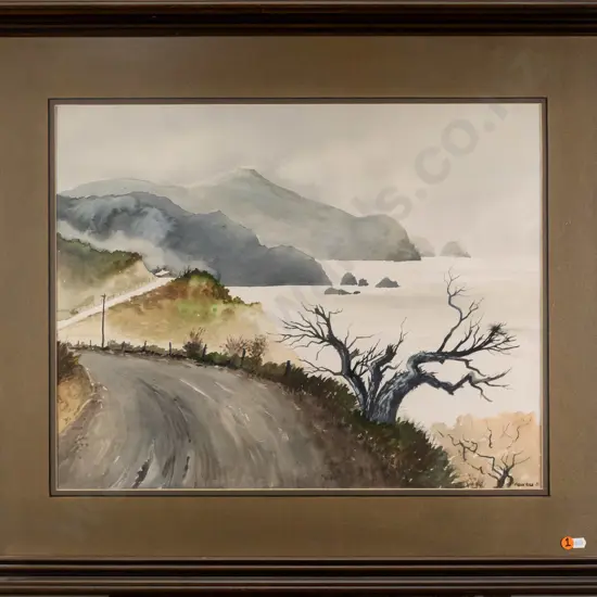 Frank Reed 1981 -- framed watercolour on paper, coastal road H-430 W-540 [dints & wear to frame]
