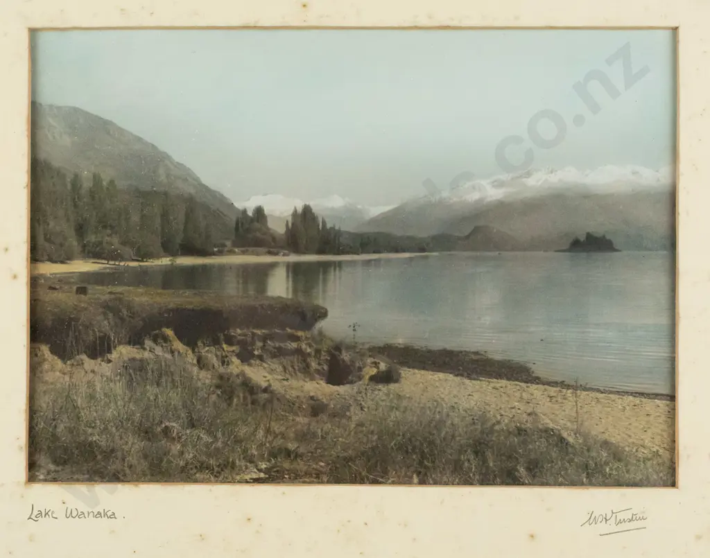 William Henry Tustin, framed hand-coloured photograph "Lake Wanaka" H-140 W-200 [signed to mount. Extensive foxing to Image 1++