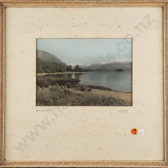 William Henry Tustin, framed hand-coloured photograph "Lake Wanaka" H-140 W-200 [signed to mount. Extensive foxing to
