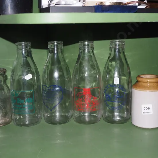milk bottles, small stoneware crock