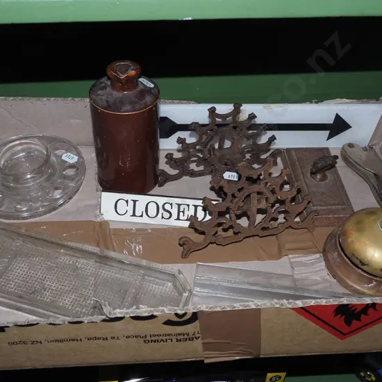 box; reception bell, ink bottle, closed sign etc