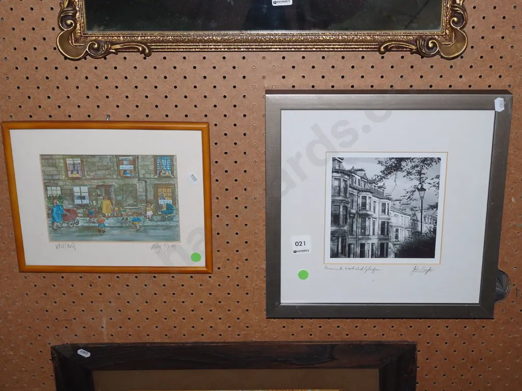 2x framed prints - city scenes - green dots Image 1++